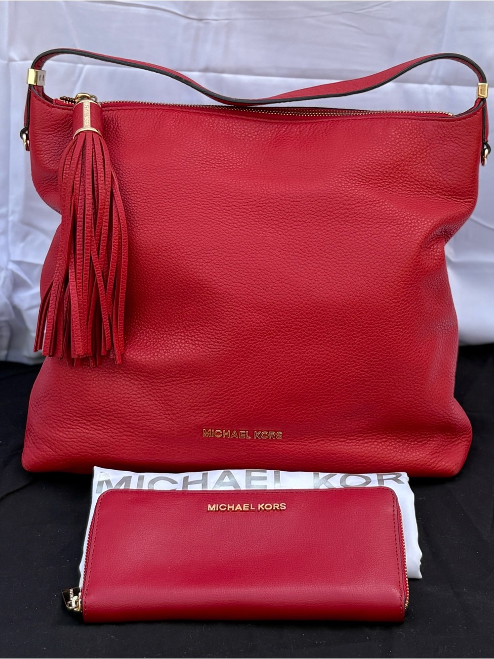 Michael Kors Red Frances Hobo Bag with Tassel and Matching Wallet